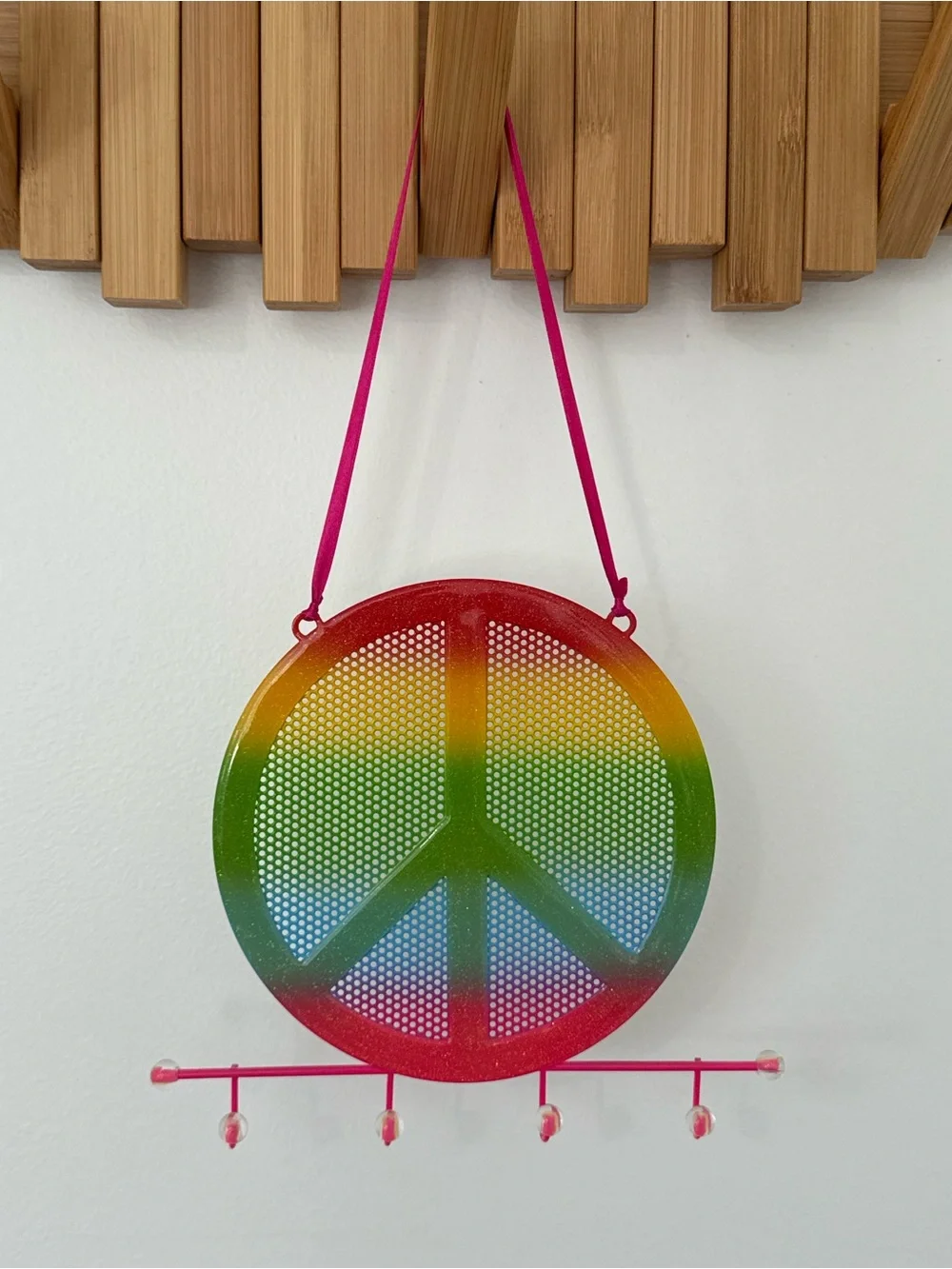 Rainbow Peace Sign Earring Holder/ Necklace Holder, Hanging with Pink Strap